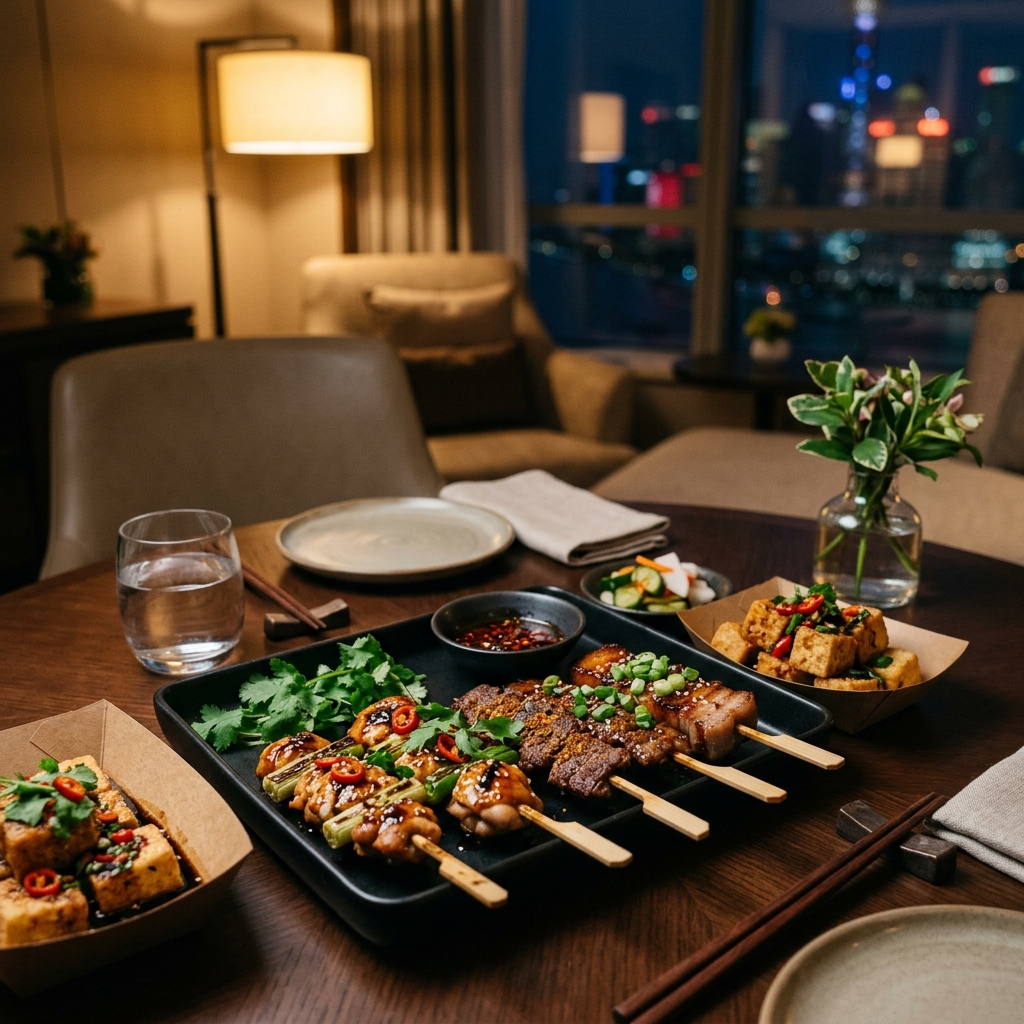 편안한 객실 야경과 함께 배달된 현지 야식 꼬치구이
